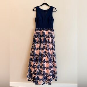 Night Way Collections Navy and Blush Floral Lace Prom Gown